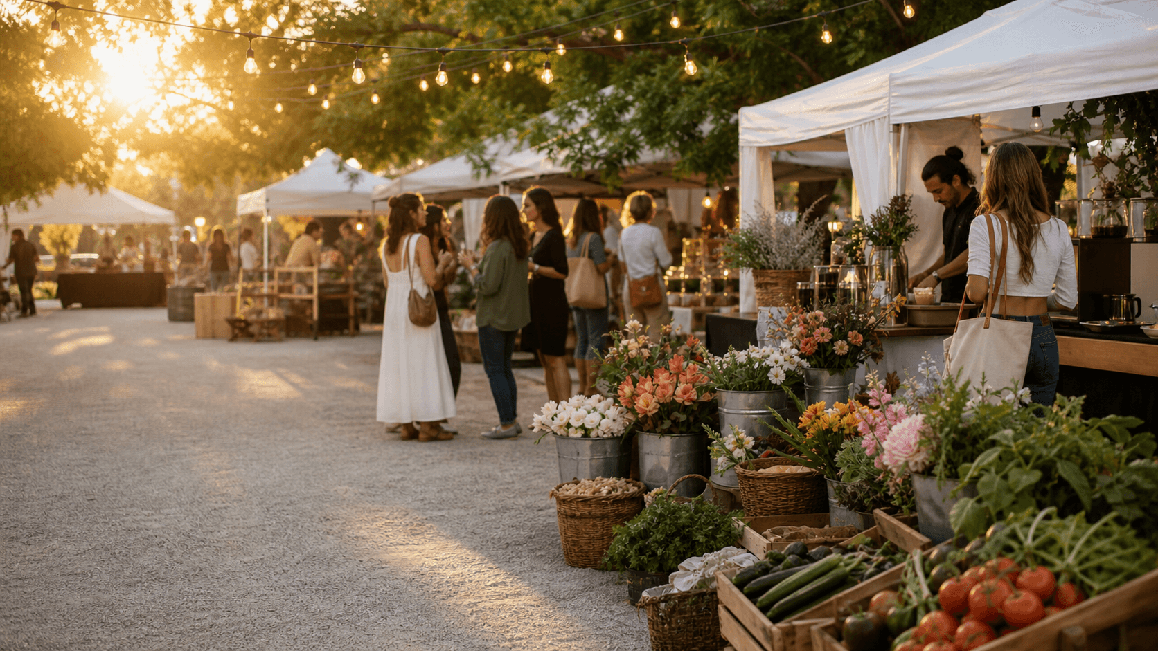 A curated farmers market with flowers, produce, vendor tents, string lights, and stylish guests